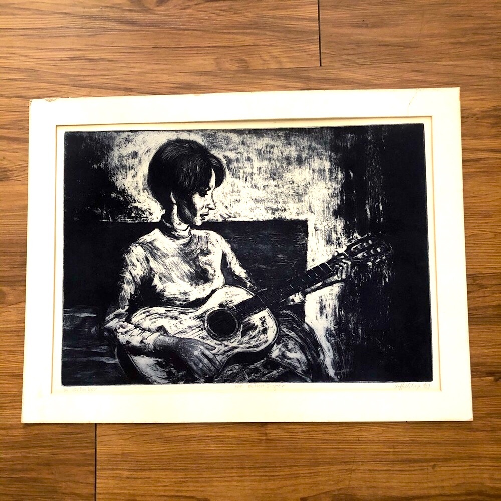 Vintage Charcoal Drawing 1967" The Ballad Singer"